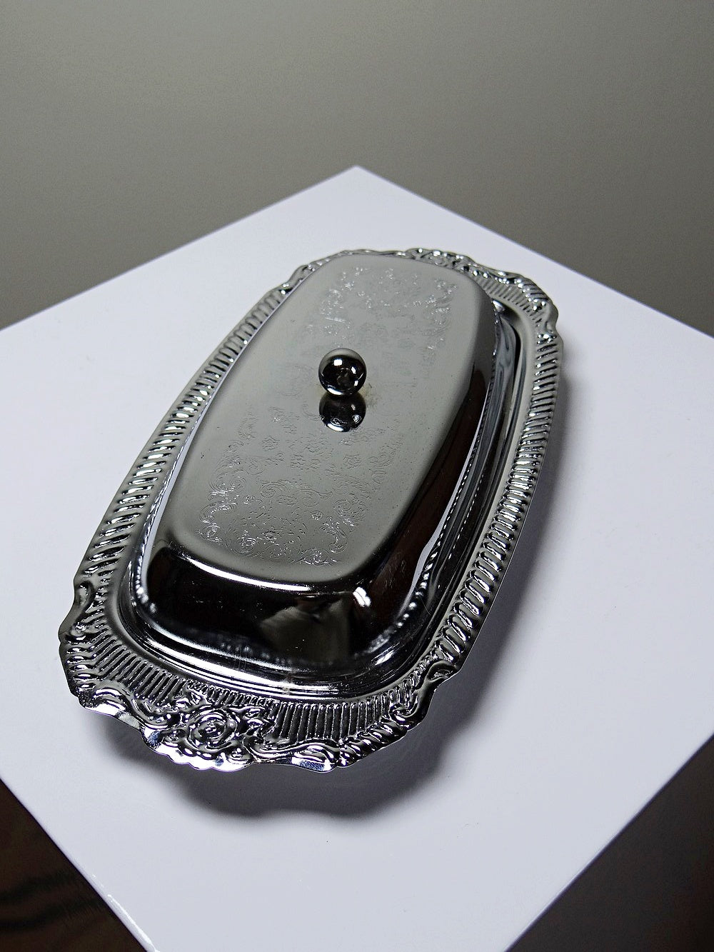 Vintage Butterdose silberfarben aus Edelstahl und Metall, Rococo-Stil, 1960-1980er
