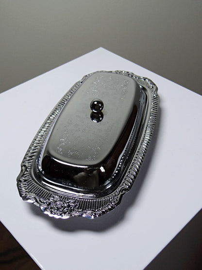 Vintage Butterdose silberfarben aus Edelstahl und Metall, Rococo-Stil, 1960-1980er