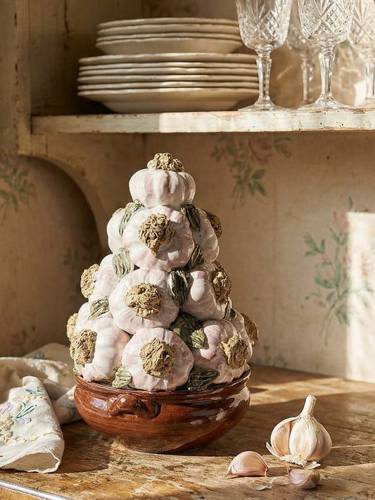 Vintage Trompe-l’œil Knoblauchpyramide für WeißKunst Spanien Manises Keramik