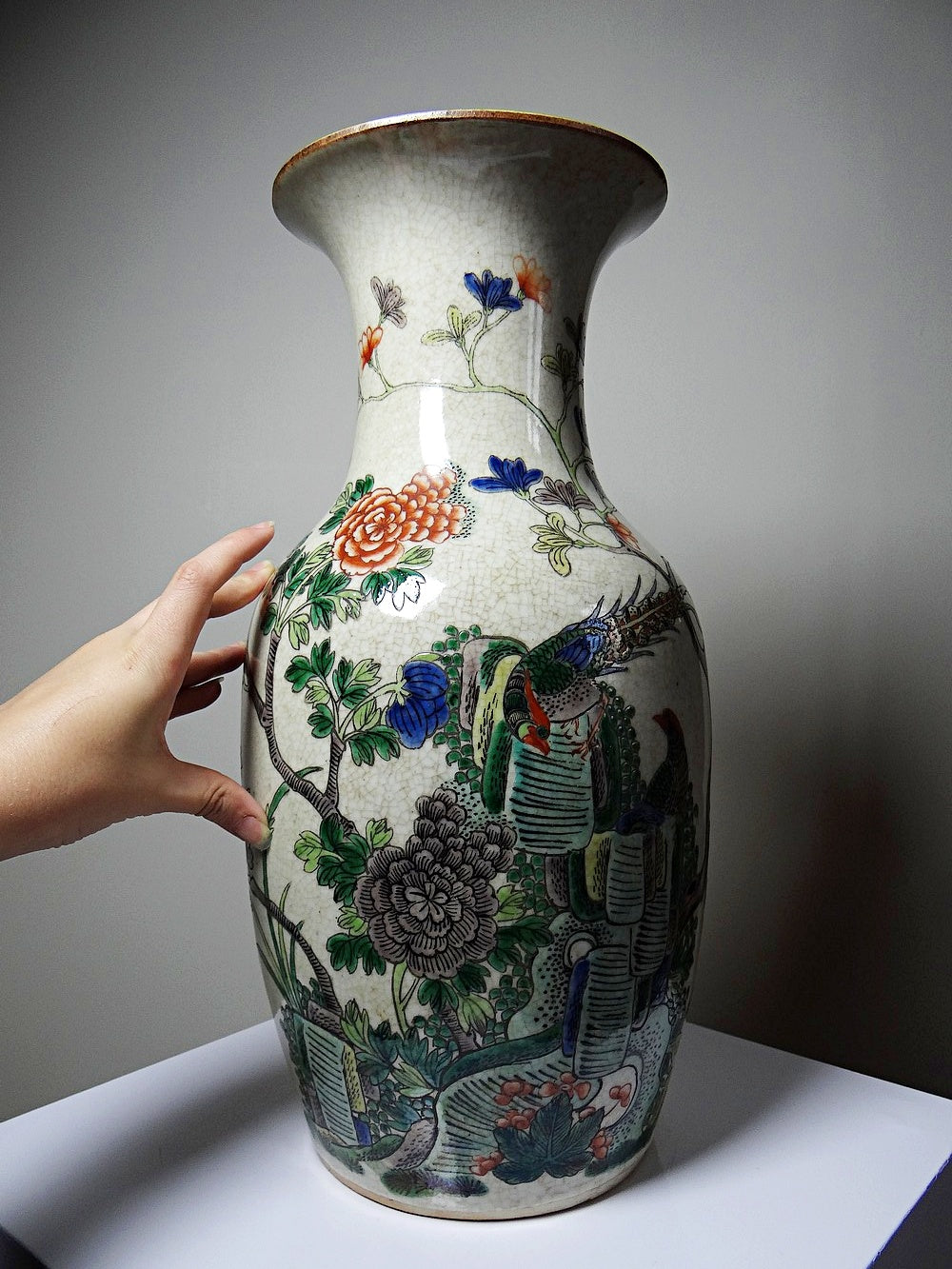 Vintage Vase "Chenghua" aus Porzellansteinzeug mit Craquelé, Famille Verte