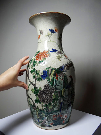 Vintage Vase "Chenghua" aus Porzellansteinzeug mit Craquelé, Famille Verte