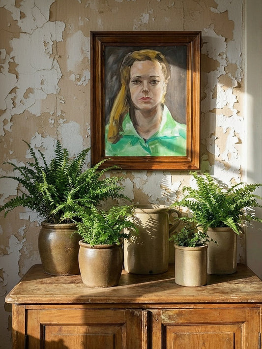 Vintage Porträt "The Woman in Green" Ölbild auf Leinwandkarton im Holzrahmen grün
