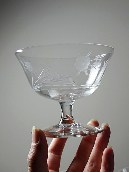 Set von 8 Vintage Champagnerschalen, radgraviertes Glas mit floralem Dekor, Böhmen