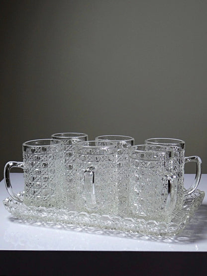 Vintage Set von 6 Glasbecher mit Tablett Art Déco Durchsichtiges Geschirr