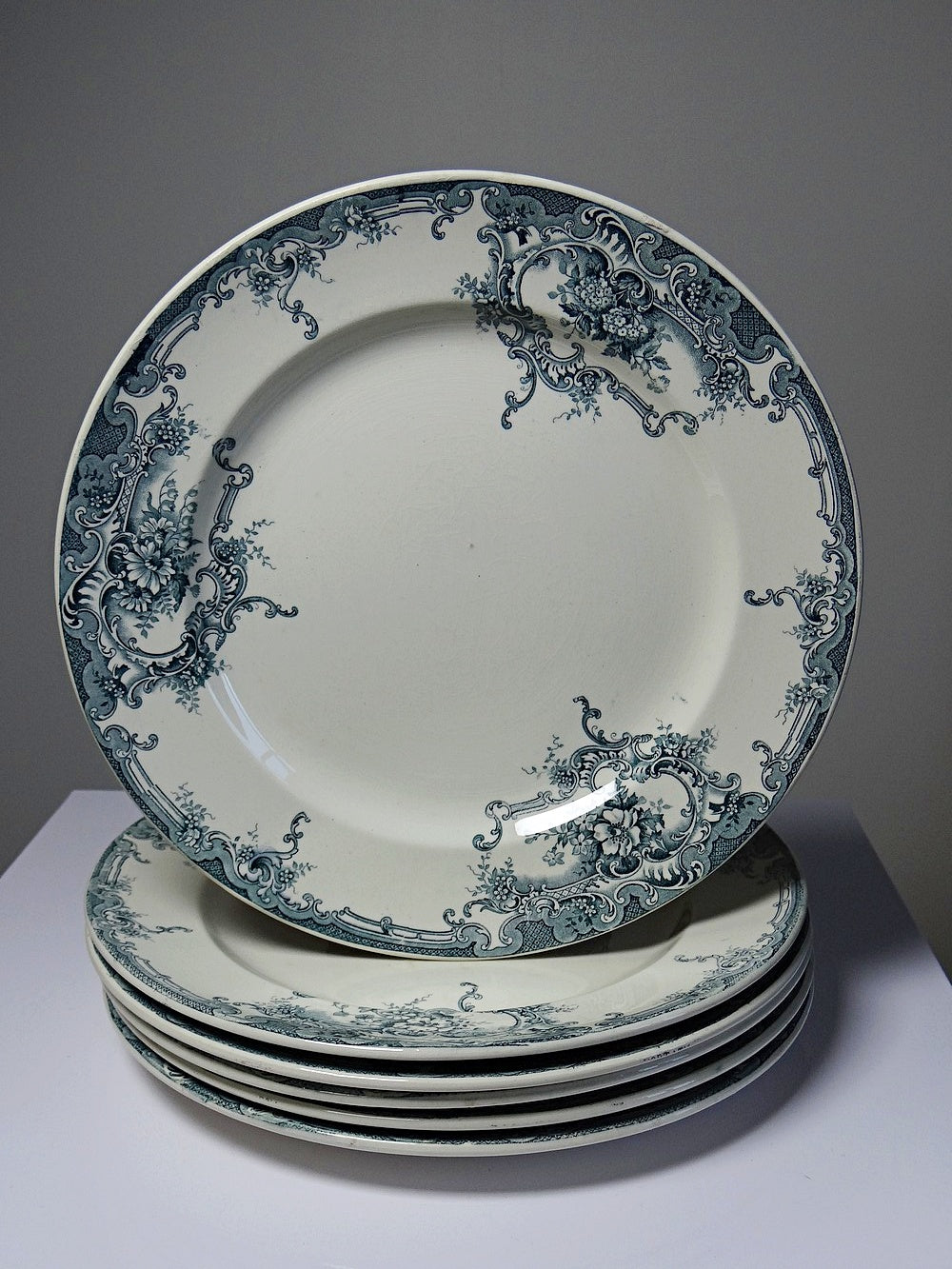Vintage Teller Dauphin von Boch Frères Keramis blaues Dekor Set von 6