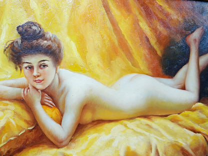 Vintage Gemälde "Nu au coussin" "La paresseuse" von J.Morrie/J.Marrie für Morillo Gelb/Braun