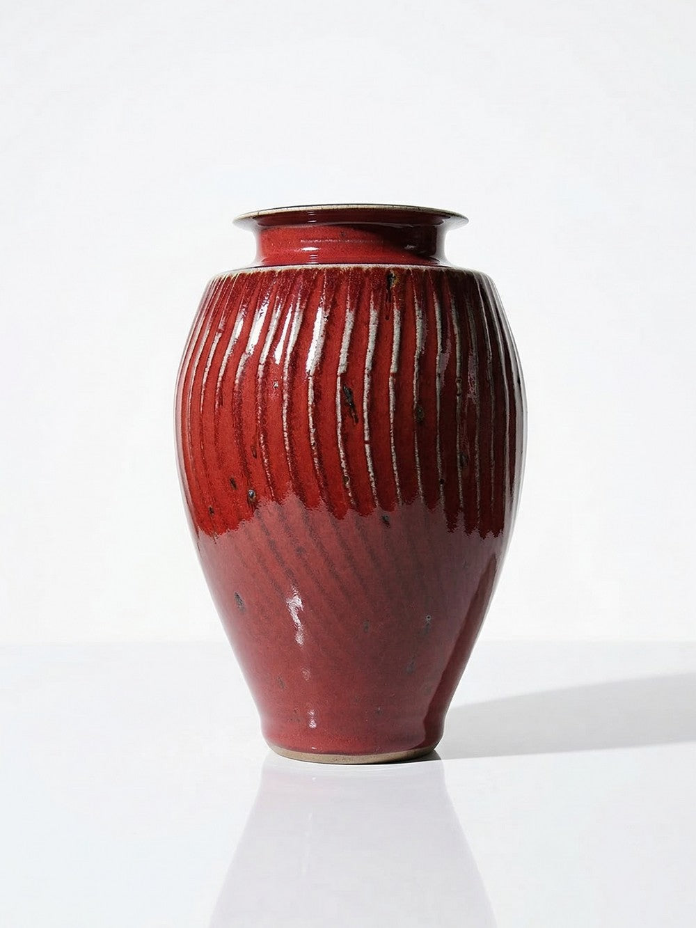 Vintage Vase Sang-de-bœuf Steinzeug, Rippen, Rot, Grau, Celadon