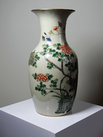 Vintage Vase "Chenghua" aus Porzellansteinzeug mit Craquelé, Famille Verte