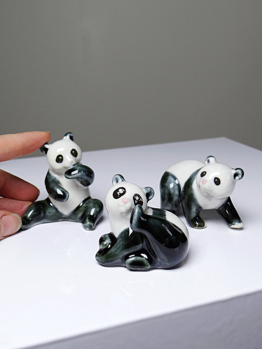 Vintage Porzellan Panda Figurine Set von 3 China Stempel handbemalt 1980er-90er