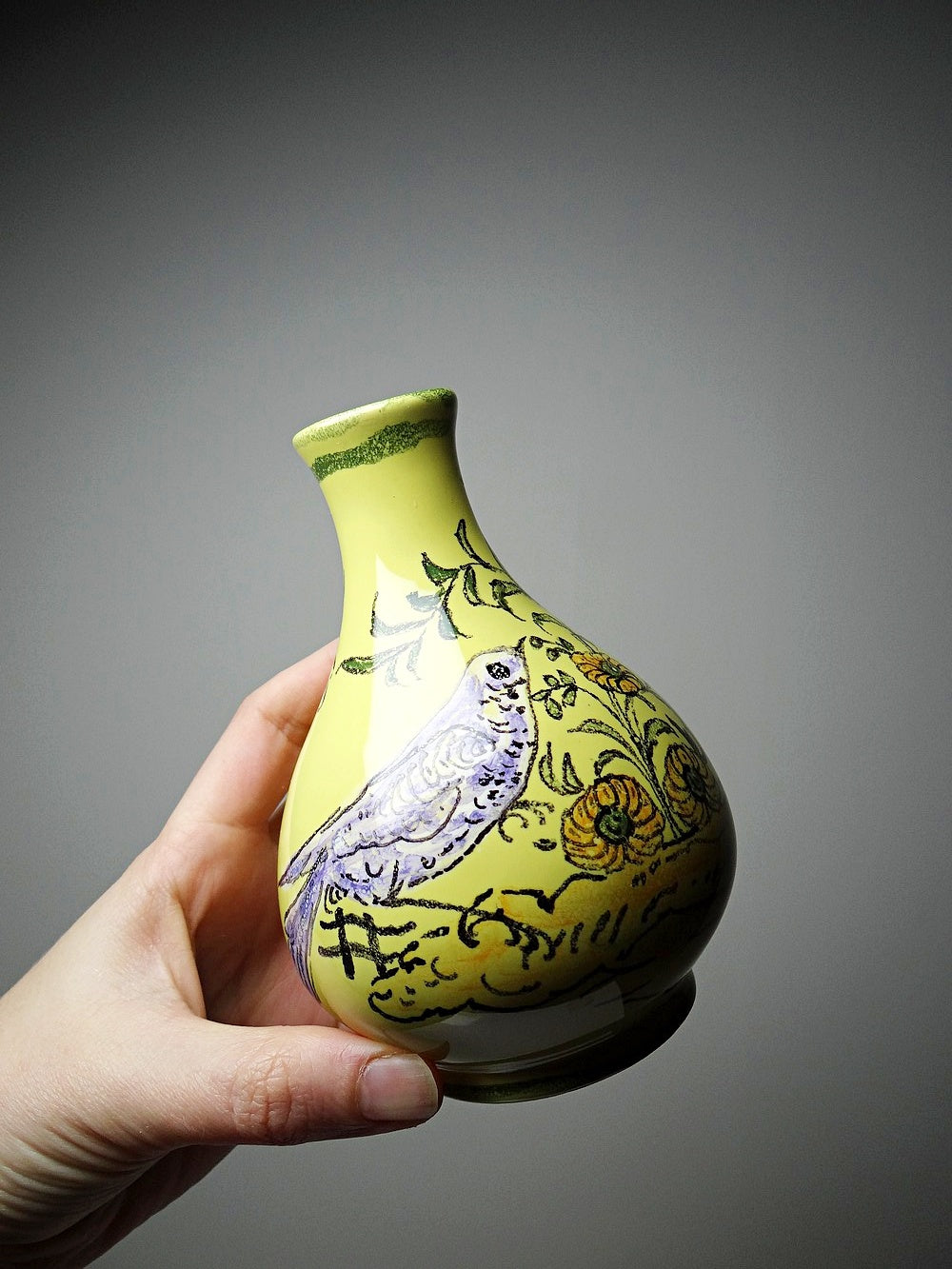 Vintage Vase von Henri Siffre für Montpellier, Vogel-Dekor, gelb-lila-orange-grün-schwarz