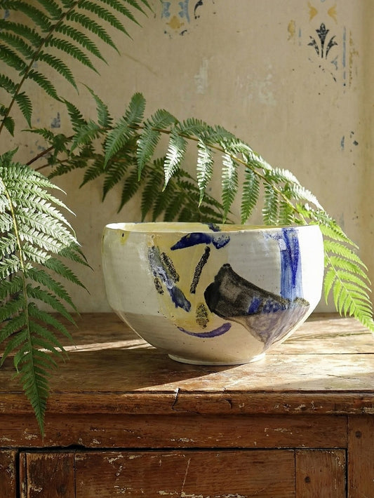 Vintage Salatschüssel aus Steinzeug, signiert, beige, UH/AH, groß 27 cm