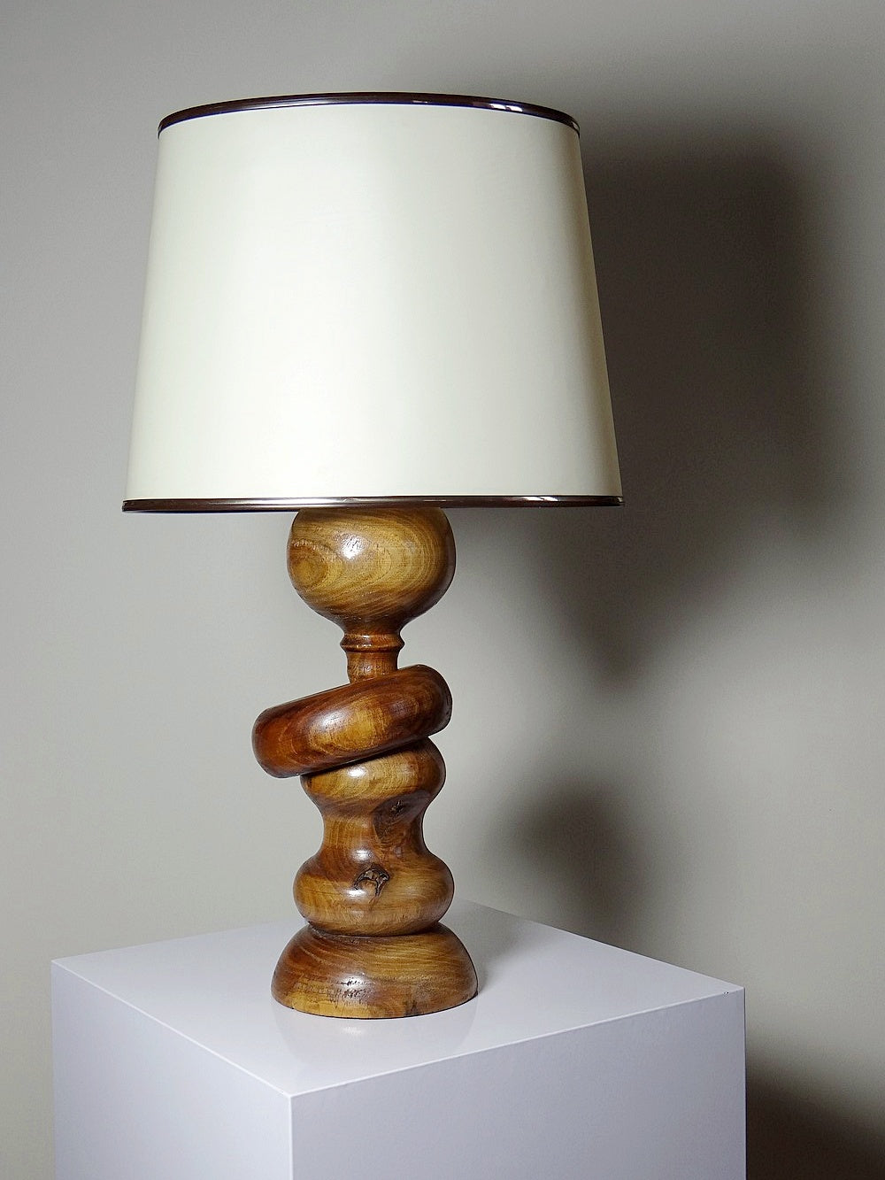 Vintage Tischlampe Holzring beige creme gold braun schwarz