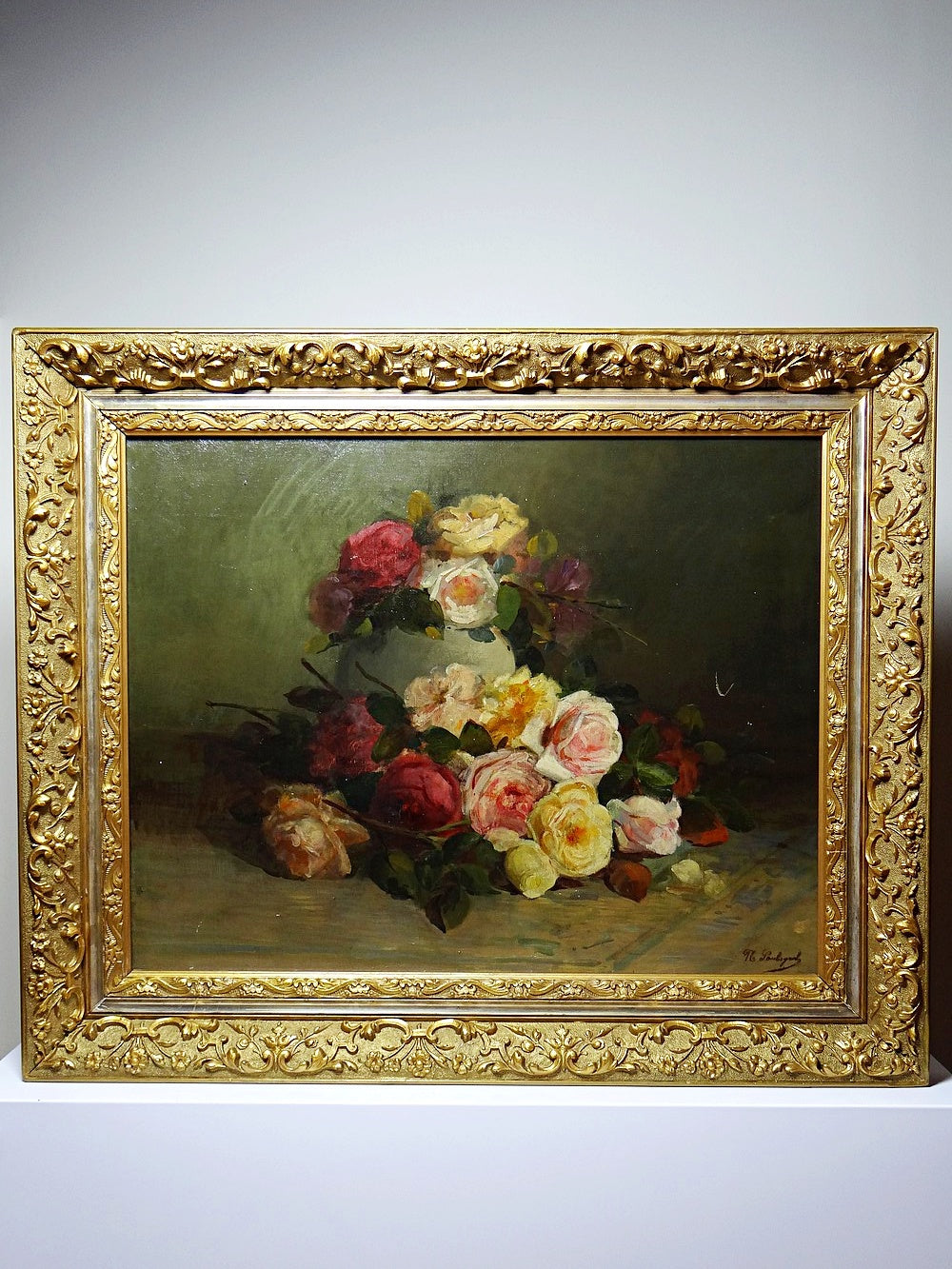 Vintage Gemälde Bouquet of Roses signiert Saubagnol französisch um 1890-1910