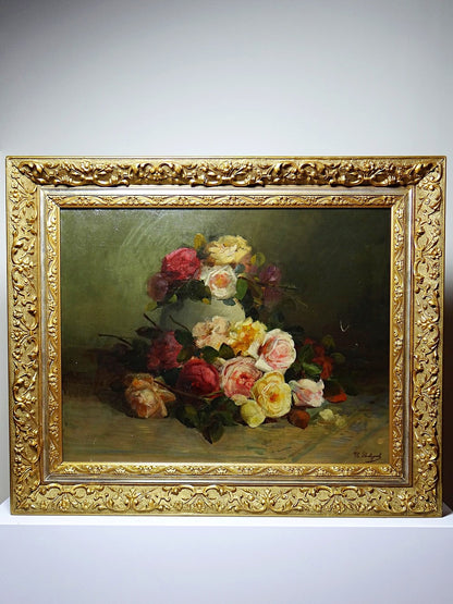 Vintage Gemälde Bouquet of Roses signiert Saubagnol französisch um 1890-1910