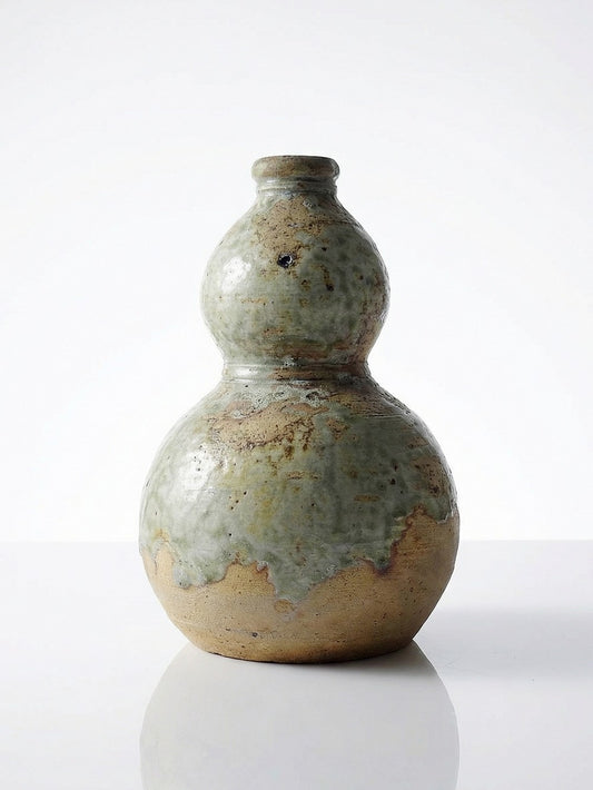 Vintage Servieraccessoire Sakeflasche japanische Iga-Keramik doppelt, orange, blassgrün, graugrün