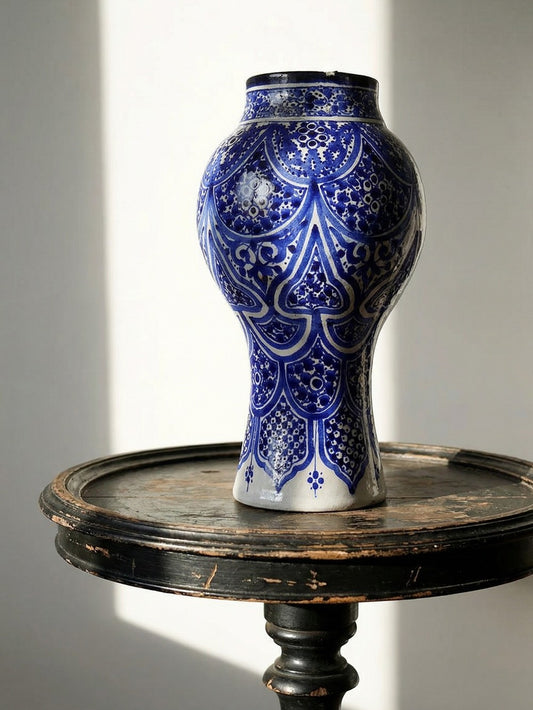 Vintage Vase Khabia aus Fès 19.-20. Jh. Kobaltblau, handgemacht