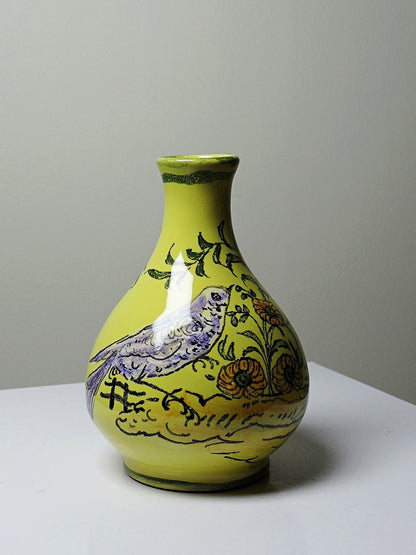 Vintage Vase von Henri Siffre für Montpellier, Vogel-Dekor, gelb-lila-orange-grün-schwarz