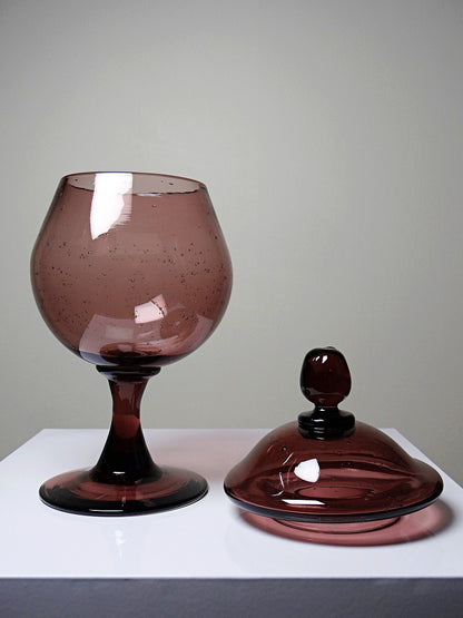 Vintage Bonbonniere im Biot-Stil in Pflaumenviolett Glas mit Blasen