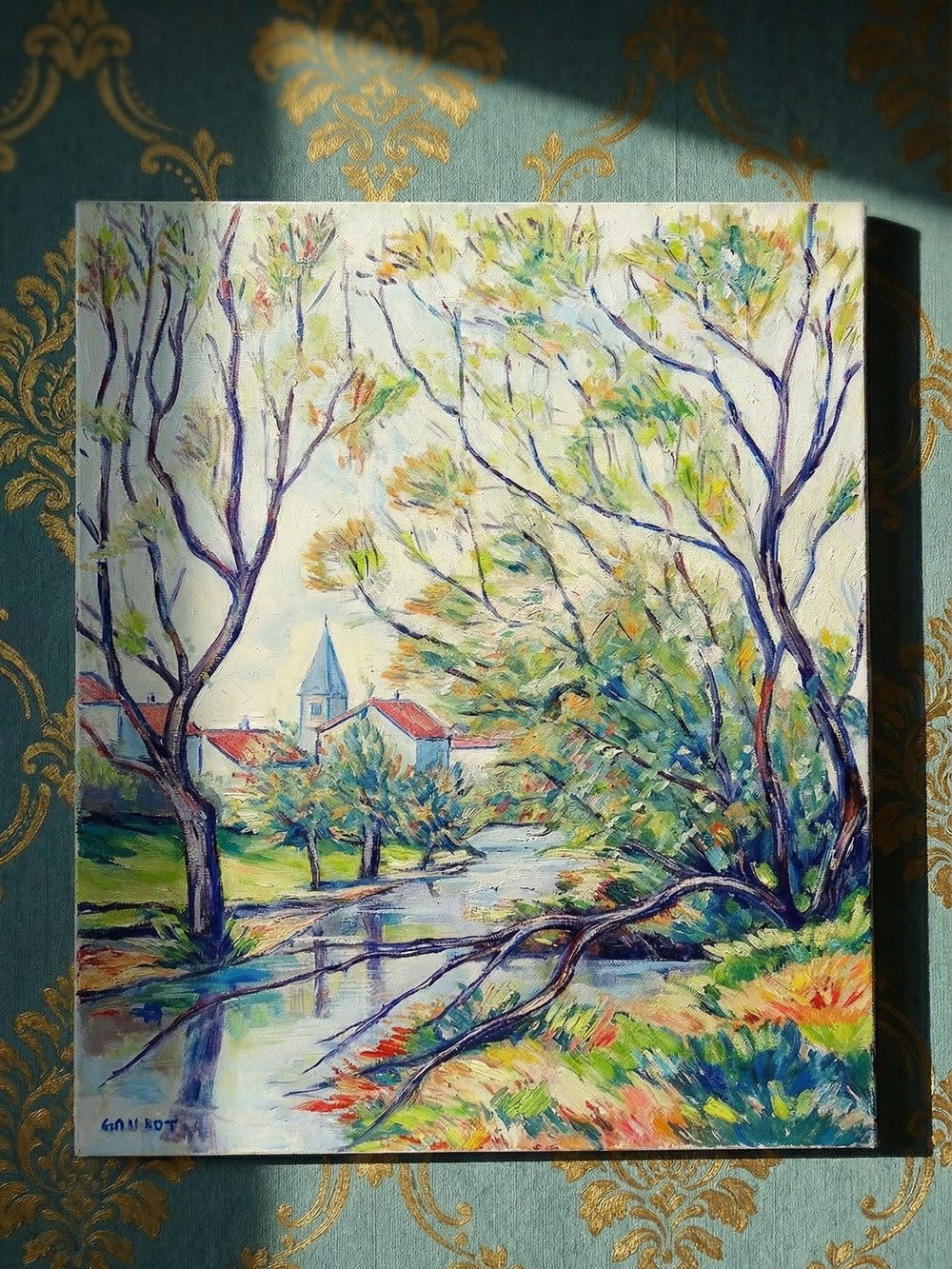 Vintage Gemälde Dorflandschaft von Jacques Gaulot mehrfarbig grün blau braun orange