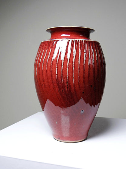 Vintage Vase Sang-de-bœuf Steinzeug, Rippen, Rot, Grau, Celadon