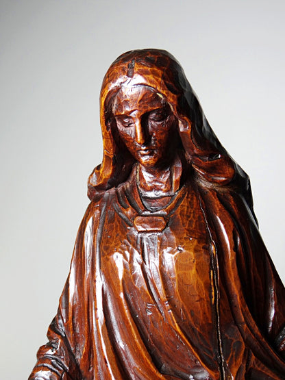 Vintage Skulptur Immaculée Conception Holz geschnitzt Unbefleckte Empfängnis Braun Bordeaux