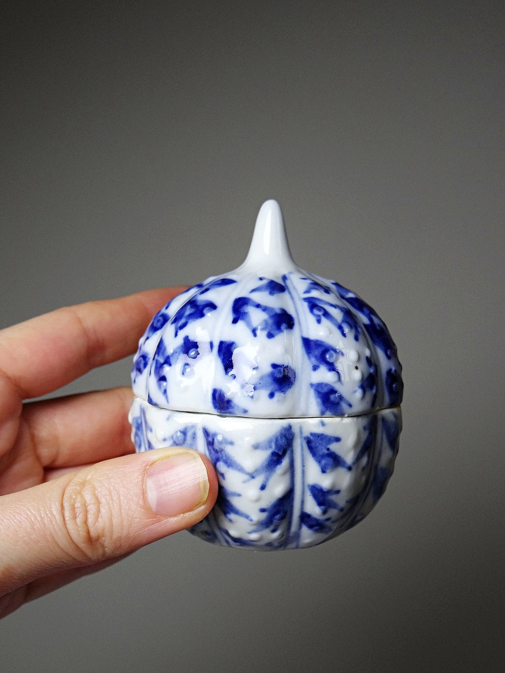 Vintage Schmuckdose Kürbisform Porzellan blau-weiß handbemalt Chinesisch