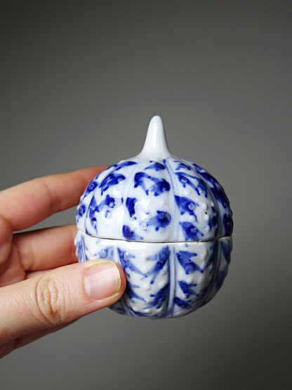 Vintage Schmuckdose Kürbisform Porzellan blau-weiß handbemalt Chinesisch