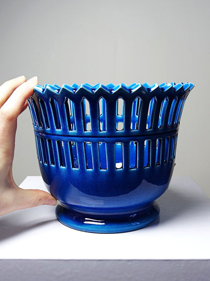 Vintage Cachepot von Moreau-Bourg-Joly für Faïenceries Moreau-Bourg-Joly blau paon
