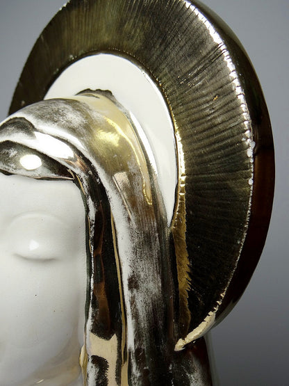 Vintage Büste Madonna mit Heiligenschein aus Keramik, emailliert, Weiß Creme Gold
