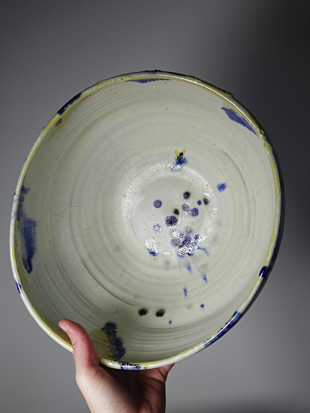 Vintage Salatschüssel aus Steinzeug, signiert, beige, UH/AH, groß 27 cm