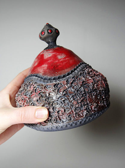 Vintage Schmuckdose RotKunst raku rot grau 2000er
