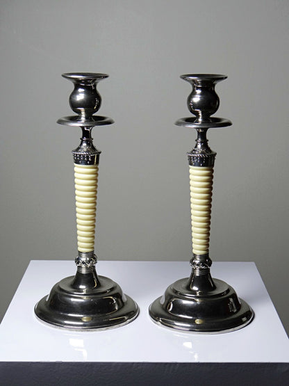 Vintage Kerzenleuchter Set von 2 silberfarben, elfenbeinfarben, Metall, Kunststoff