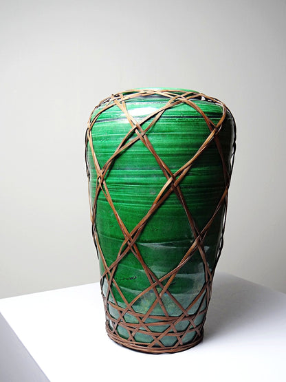 Vintage Vase Awaji-yaki mit Bambusflechtung Japan 1900-1930