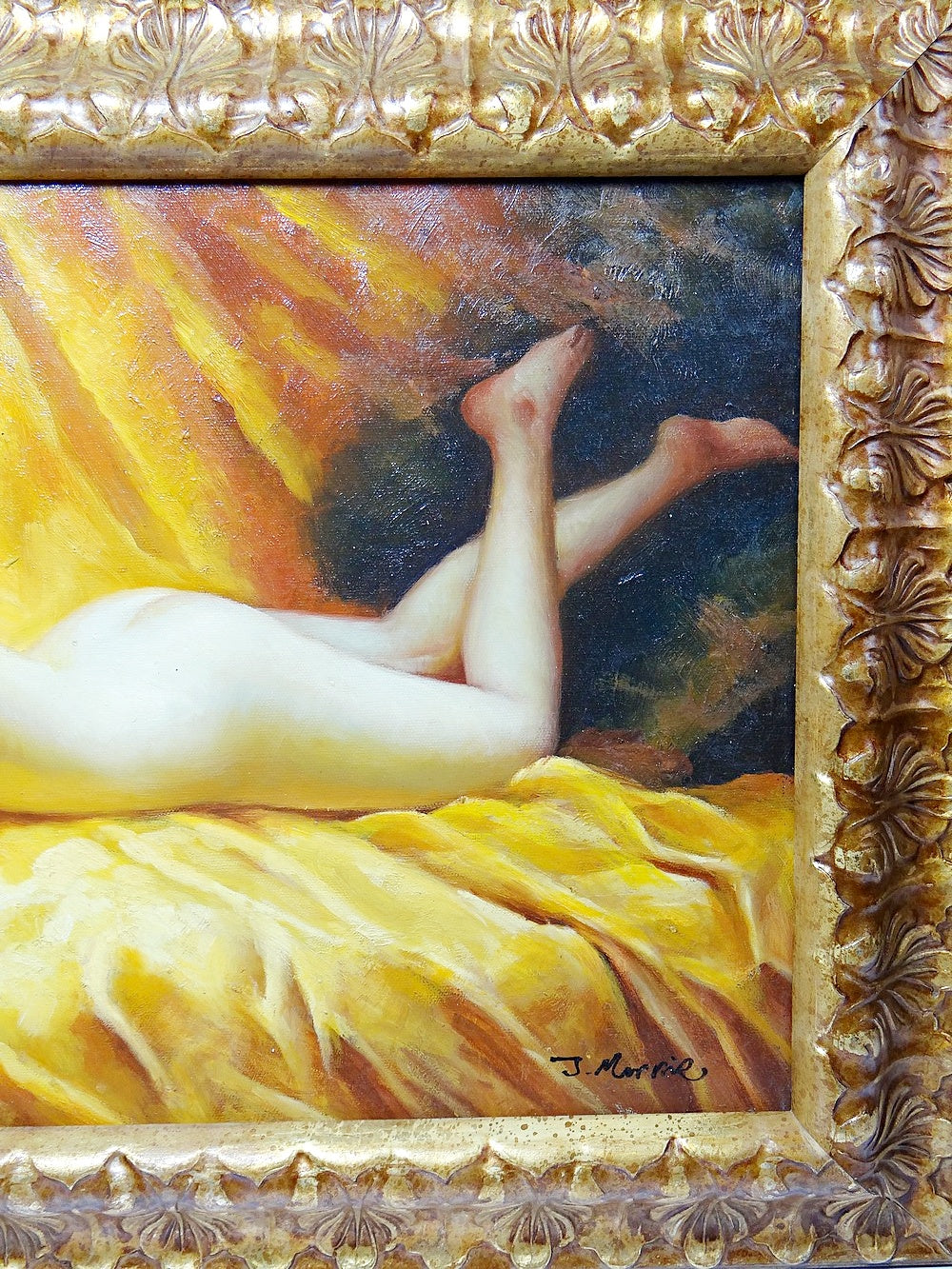 Vintage Gemälde "Nu au coussin" "La paresseuse" von J.Morrie/J.Marrie für Morillo Gelb/Braun