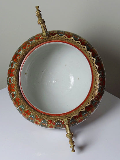 Vintage Übertopf Kutani aus Porzellan und Bronze, Japan Meiji