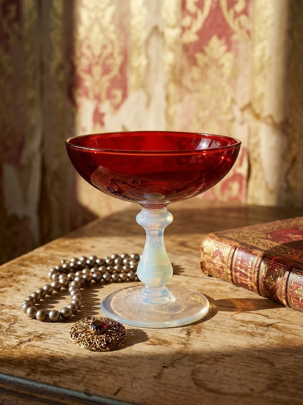Vintage Schale aus venezianischem Glas rot und opalin mit Seifenblasenmotiv