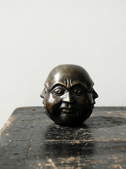 Vintage Buddha Kopf viergesichtig aus patiniertem Messing dunkelbraun gold Asien