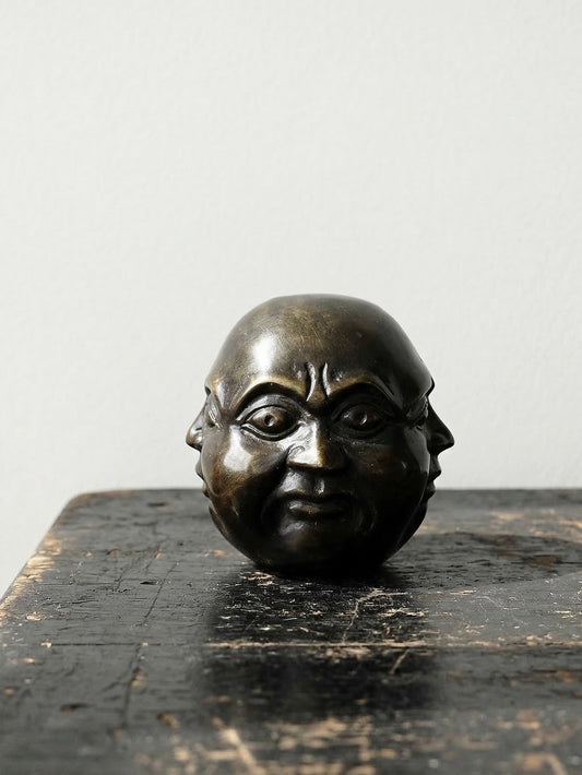 Vintage Buddha Kopf viergesichtig aus patiniertem Messing dunkelbraun gold Asien