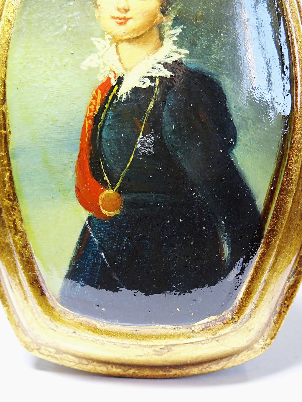 Vintage Dekoration Medaillon Porträt Venedig Öl auf gewölbtem Holz schwarz