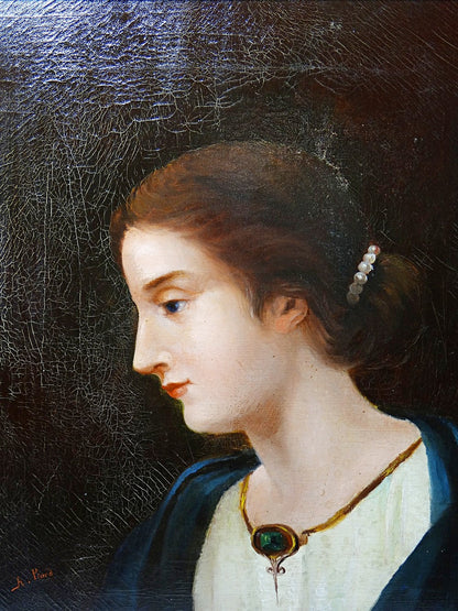 Vintage Porträt „Junge Frau im Profil“ von A. Piard GrünDekoration