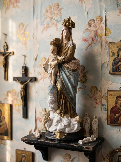Vintage Religiöse Statue "Notre-Dame des Victoires" aus polychromem Gips