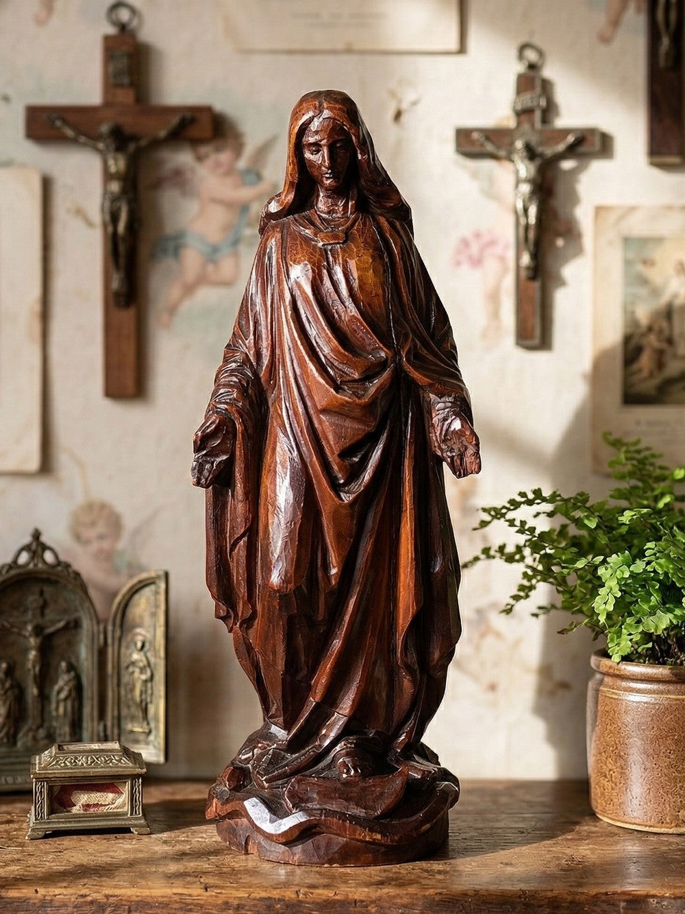 Vintage Skulptur Immaculée Conception Holz geschnitzt Unbefleckte Empfängnis Braun Bordeaux