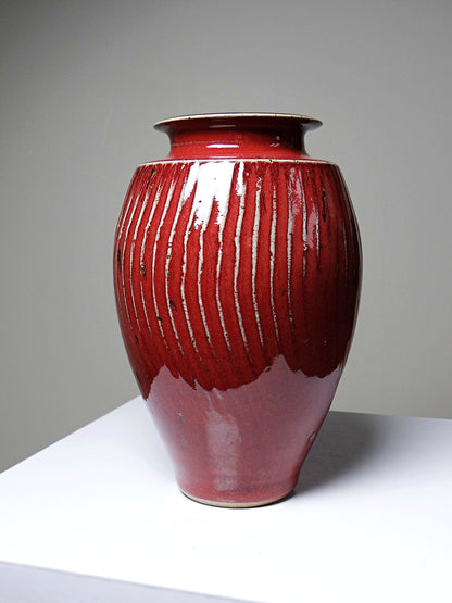 Vintage Vase Sang-de-bœuf Steinzeug, Rippen, Rot, Grau, Celadon