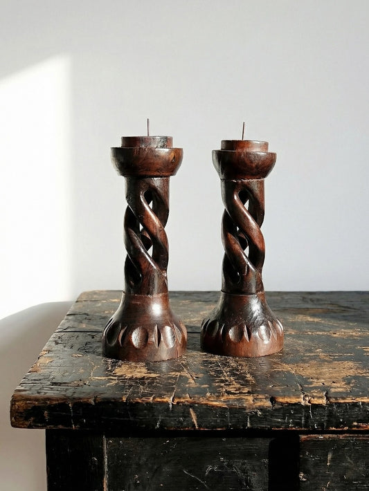 Vintage Kerzenhalter Set von 2 Spiral von Indien Vintage Holz geschnitzt