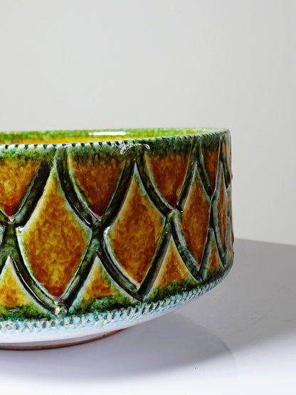 Vintage Keramikschüssel mit Schuppenmuster, Gelb Grün Weiß Ocker, Italien 1950er-60er