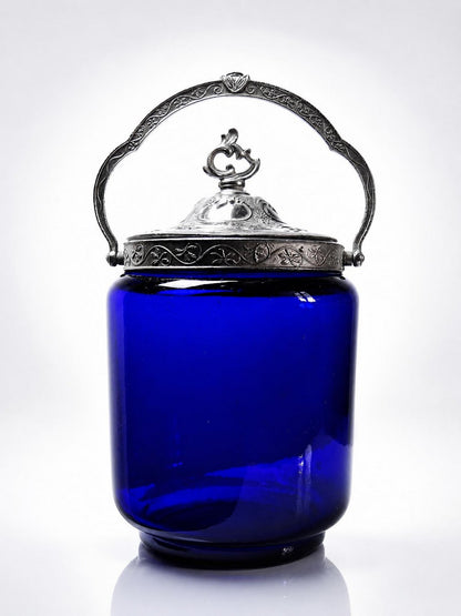 Vintage Bonbonniere blaues Kobaltglas versilbertes Metall