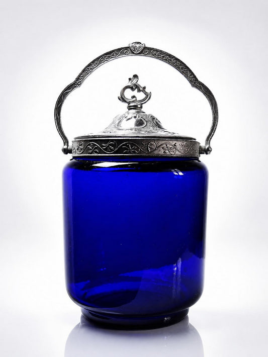 Vintage Bonbonniere blaues Kobaltglas versilbertes Metall
