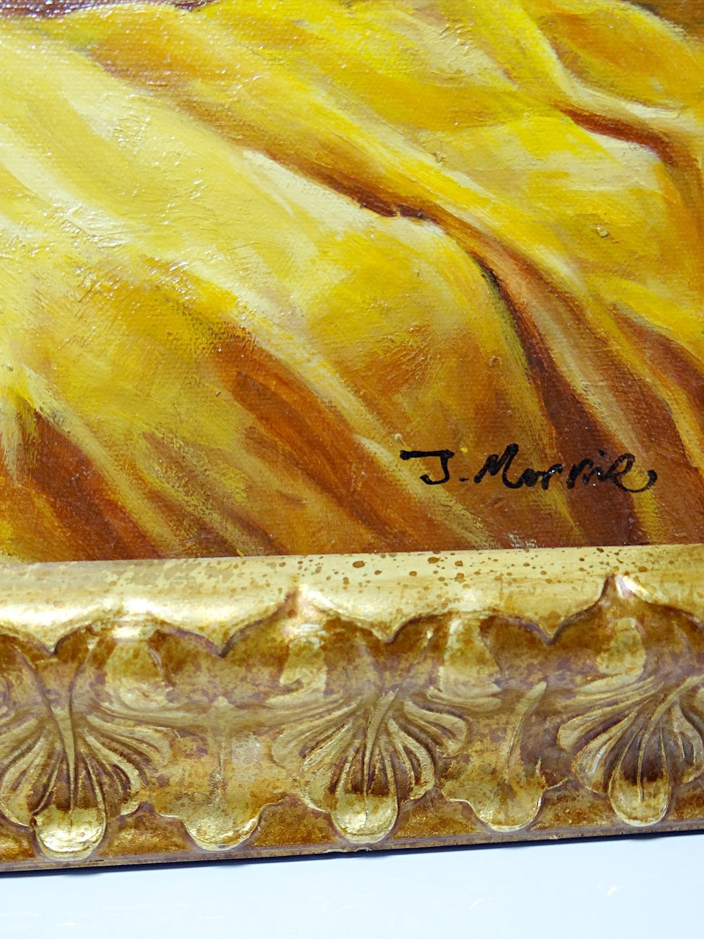 Vintage Gemälde "Nu au coussin" "La paresseuse" von J.Morrie/J.Marrie für Morillo Gelb/Braun