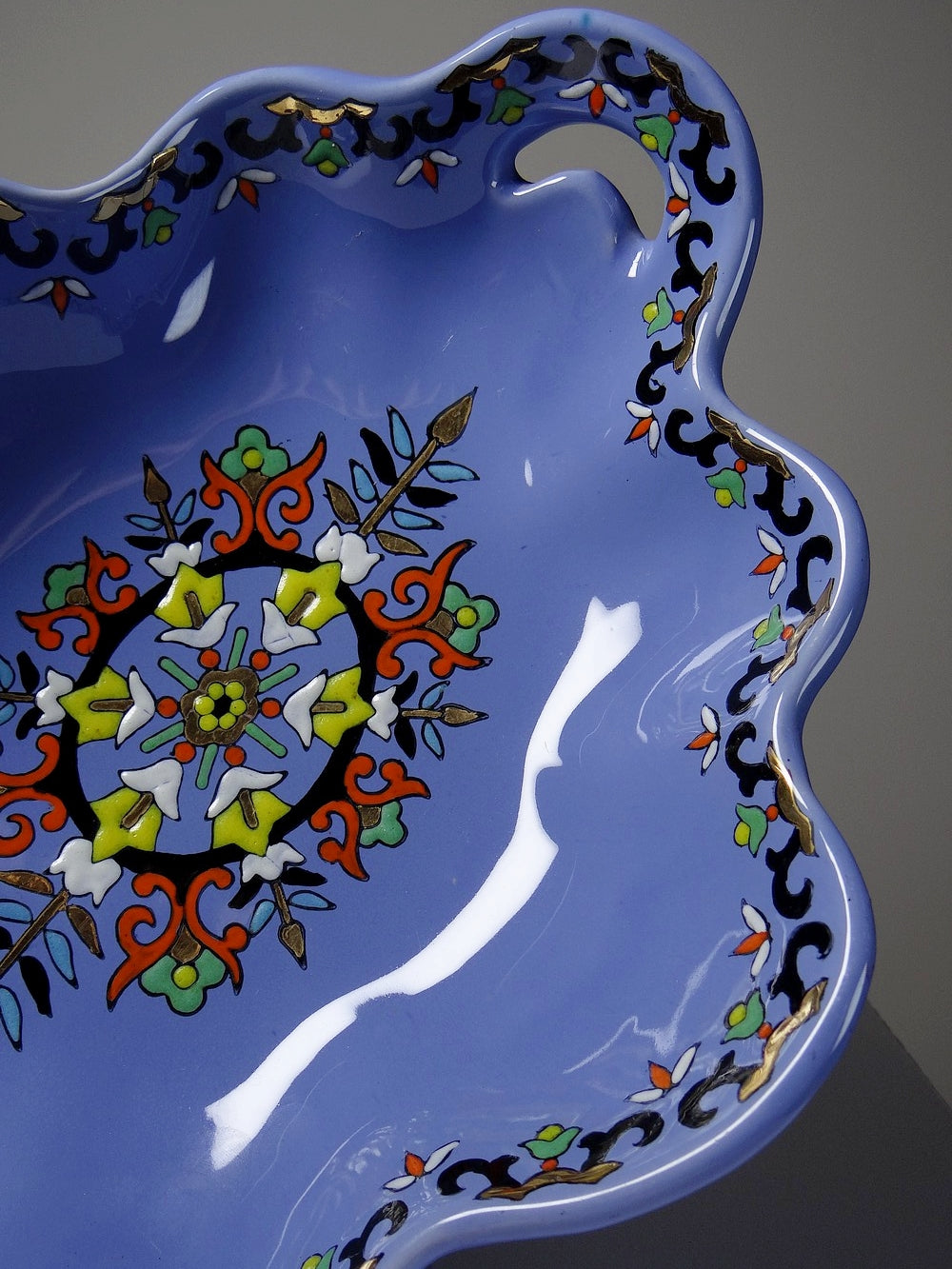 Vintage Schale Châtres von Longwy blau schwarz gold grün weiß orange gelb