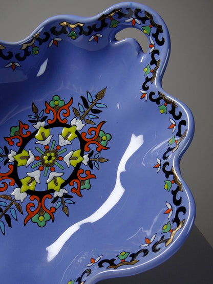 Vintage Schale Châtres von Longwy blau schwarz gold grün weiß orange gelb